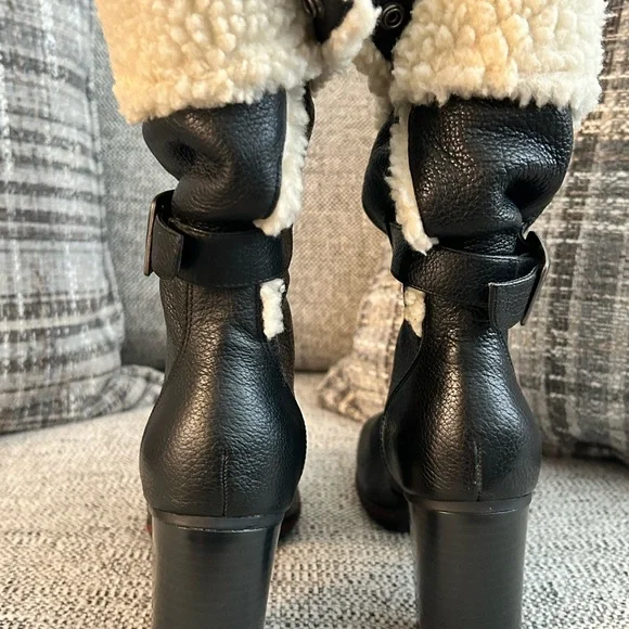 Tommy Hilfiger Black Heeled Boots with Cream Fur size 6 1/2 leather uppers - Picture 2 of 5